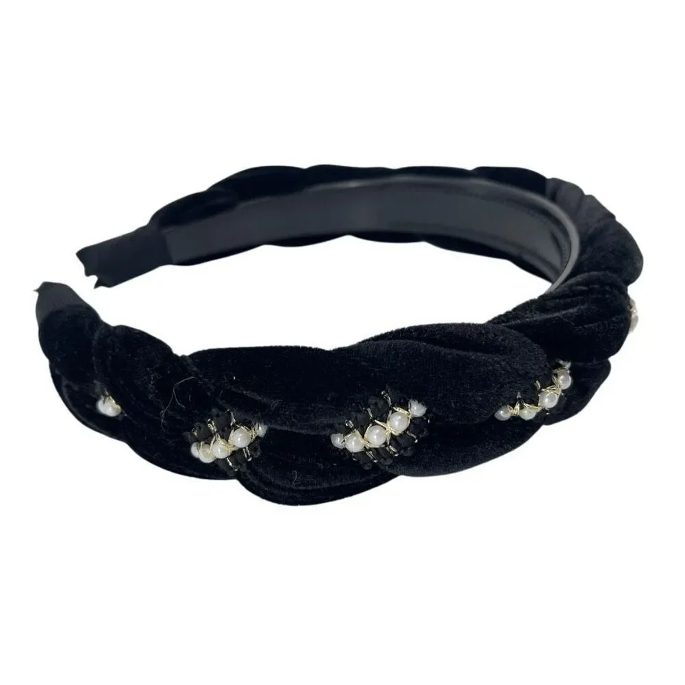 Black Velvet Pearl Headband Padded Knot Braided Coquette Glam Hair Accessory